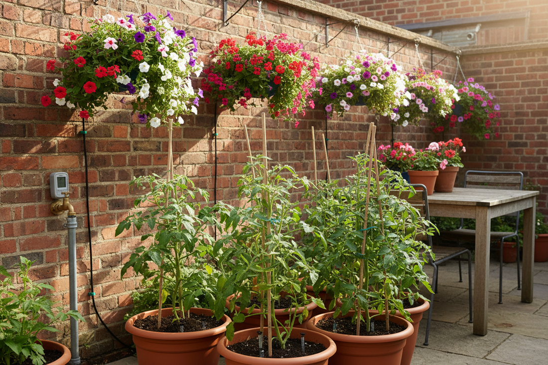 "Watering can in a lush UK garden with healthy plants and green foliage"