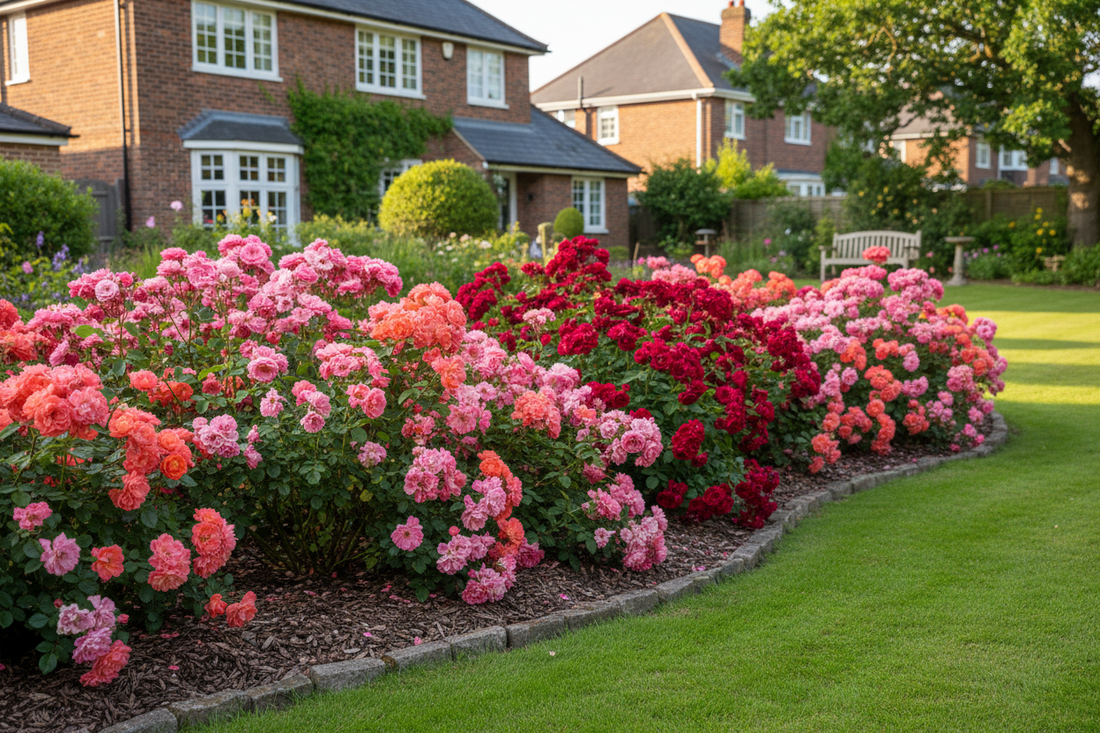 "A beautiful rose garden bed in full bloom in front of a house"
