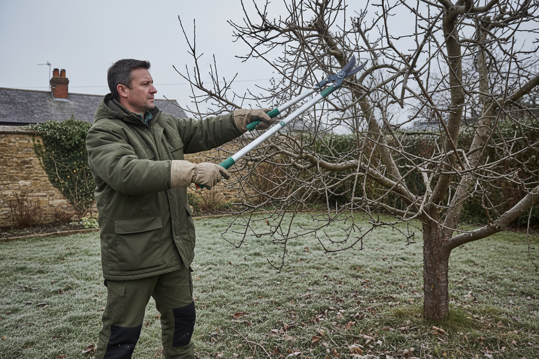"Man using loppers to prune a tree branch in a UK garden"