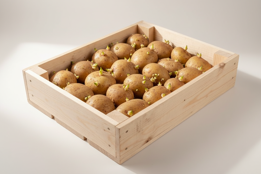 "Seed potatoes chitting in a wooden tray ready for planting"